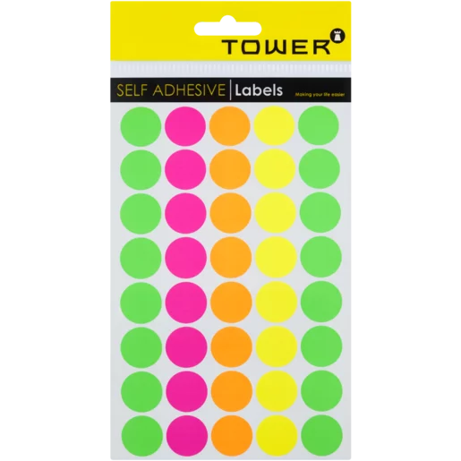 TOWER Multicoloured Fluorescent Self-Adhesive 19mm Round Labels 120 Pack