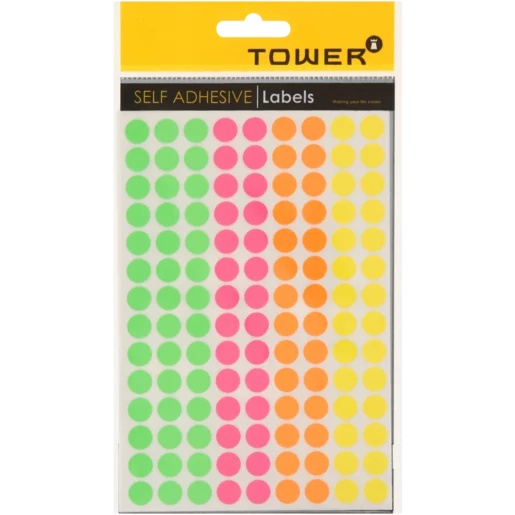TOWER Multicoloured Fluorescent Self-Adhesive 10mm Round Labels 756 Piece