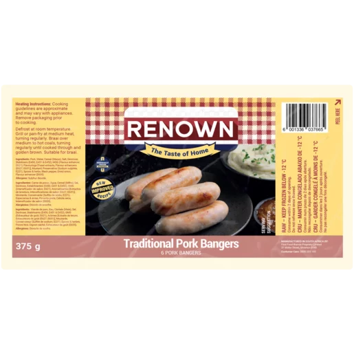 Renown Frozen Plain Pork Bangers 375g