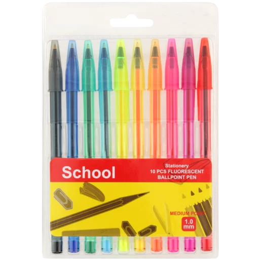 School Assorted Fluorescent Ballpoint Pens 10 Pack 1mm