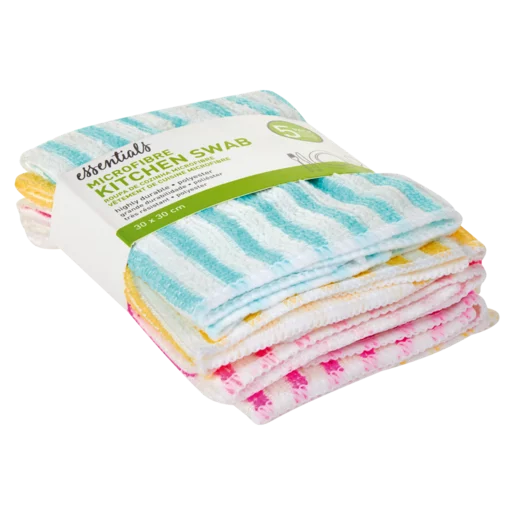 Essentials Microfibre Plain Stripe Kitchen Swabs 25cm x 25cm 5 Pack