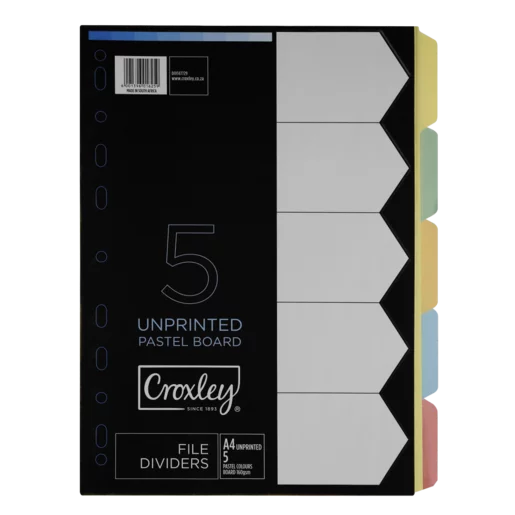 Croxley A4 Multicoloured Pastel Unprinted File Dividers 5 Pack