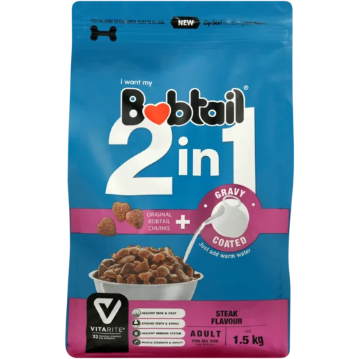 Bobtail Steak Flavour 2-In-1 Gravy Coated Adult Dry Dog Food 1.5kg