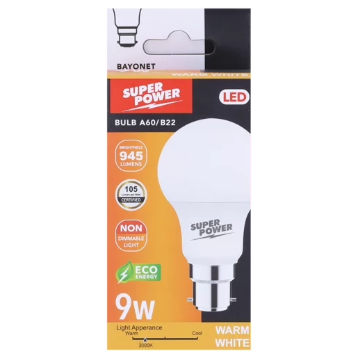 Super Power Warm White A60/BC LED Bayonet Globe 9W
