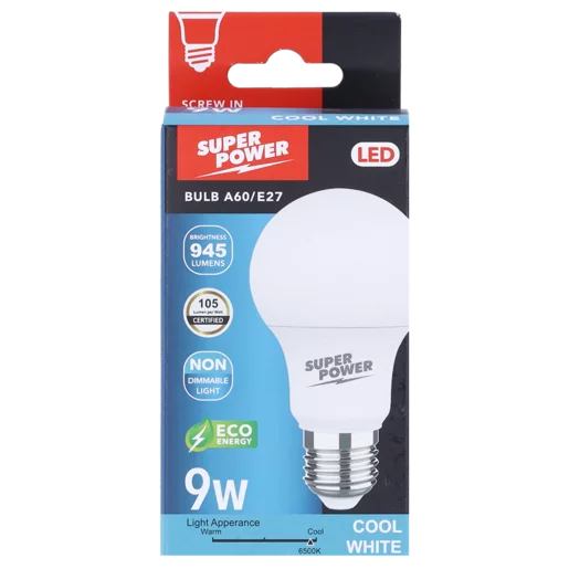 Super Power Cool White A60/ES LED Screw-in Globe 9W
