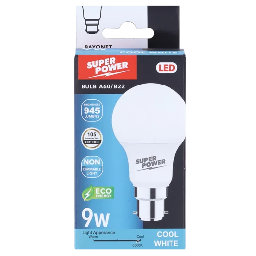 Super Power A60 Cool White BC LED Bayonet Globe 9W