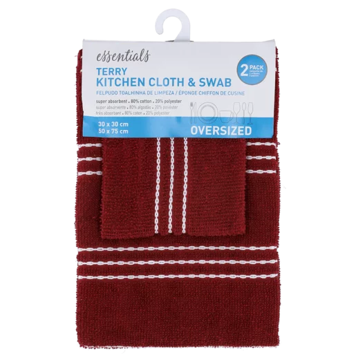 Essentials Terry Kitchen Cloth & Swabs 2 Pack (Colour May Vary)