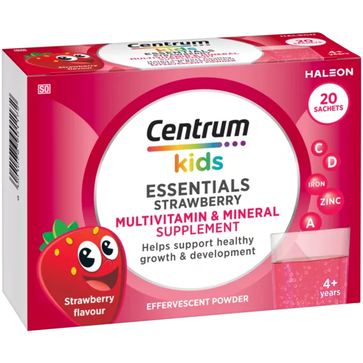 Centrum Kids Strawberry Flavour Essentials Multivitamin & Mineral Supplement Effervescent Powder 20 Pack
