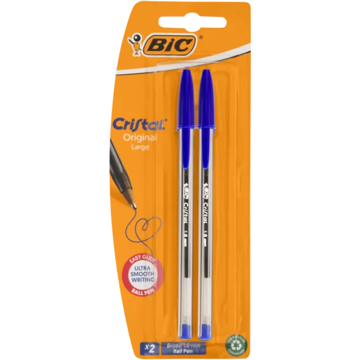 BIC Cristal Easy Glide Broad Tip Blue Ballpoint Pens 2 Pack