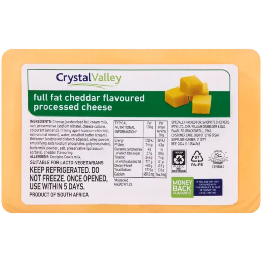 Crystal Valley Cheddar Flavoured Full Fat Processed Cheese Per KG