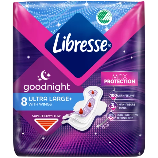 Libresse Super Heavy Flow Ultra Large+ Sanitary Pads with Wings 8 Pack